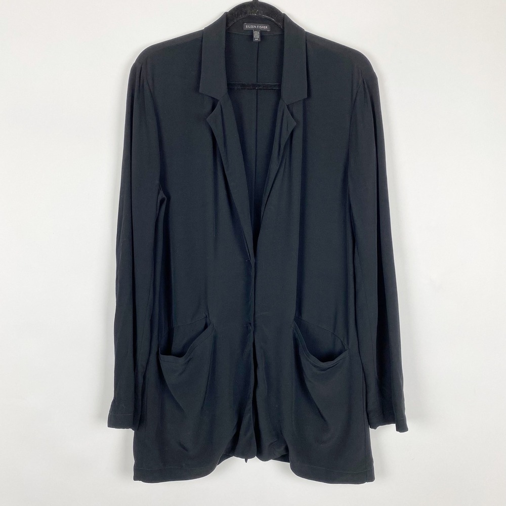 Eileen Fisher Tencel Viscose Longline 2-Button Blazer Women S Black Minimalist